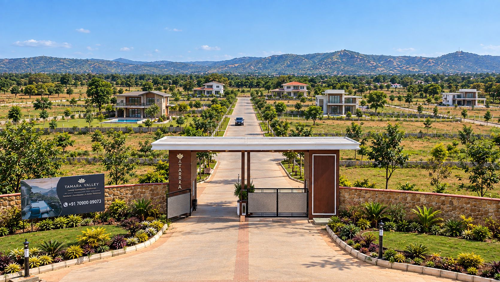 Aerial view of the Tamara Valley entrance gate and farmland