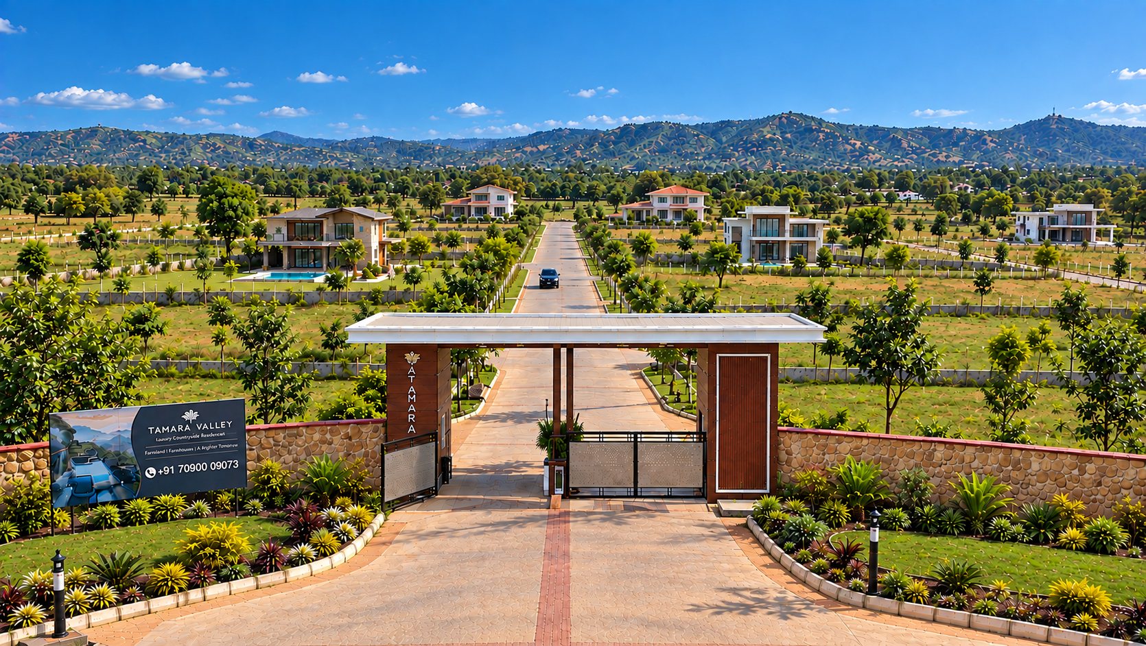 Aerial view of the Tamara Valley entrance gate and farmland