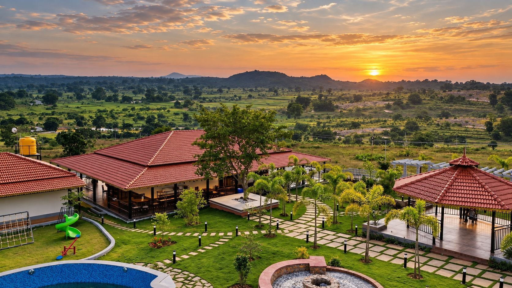 Tamara Valley clubhouse at sunset